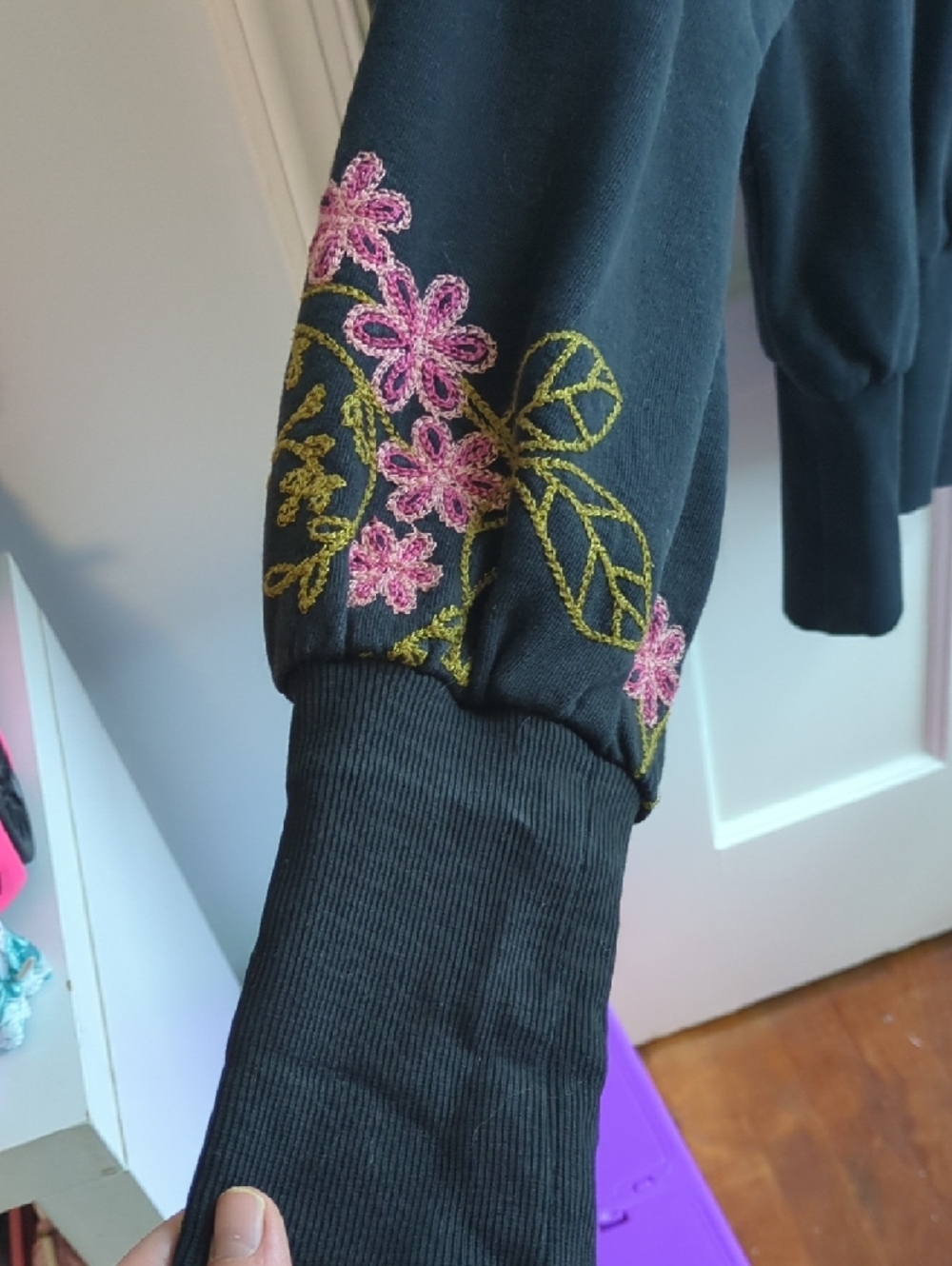 Anthropologie Black Pullover Sweatshirt with Pink & Gold Floral Embroidery - Picture 6 of 7